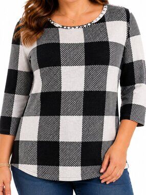 Alia Buffalo Plaid Sweater Women's Large Black White 3/4 Sleeve Studded Top